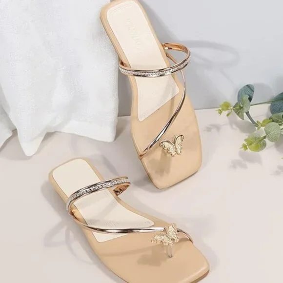 Metallic Rhinestone Butterfly Flat Sandals - Picture 3 of 5